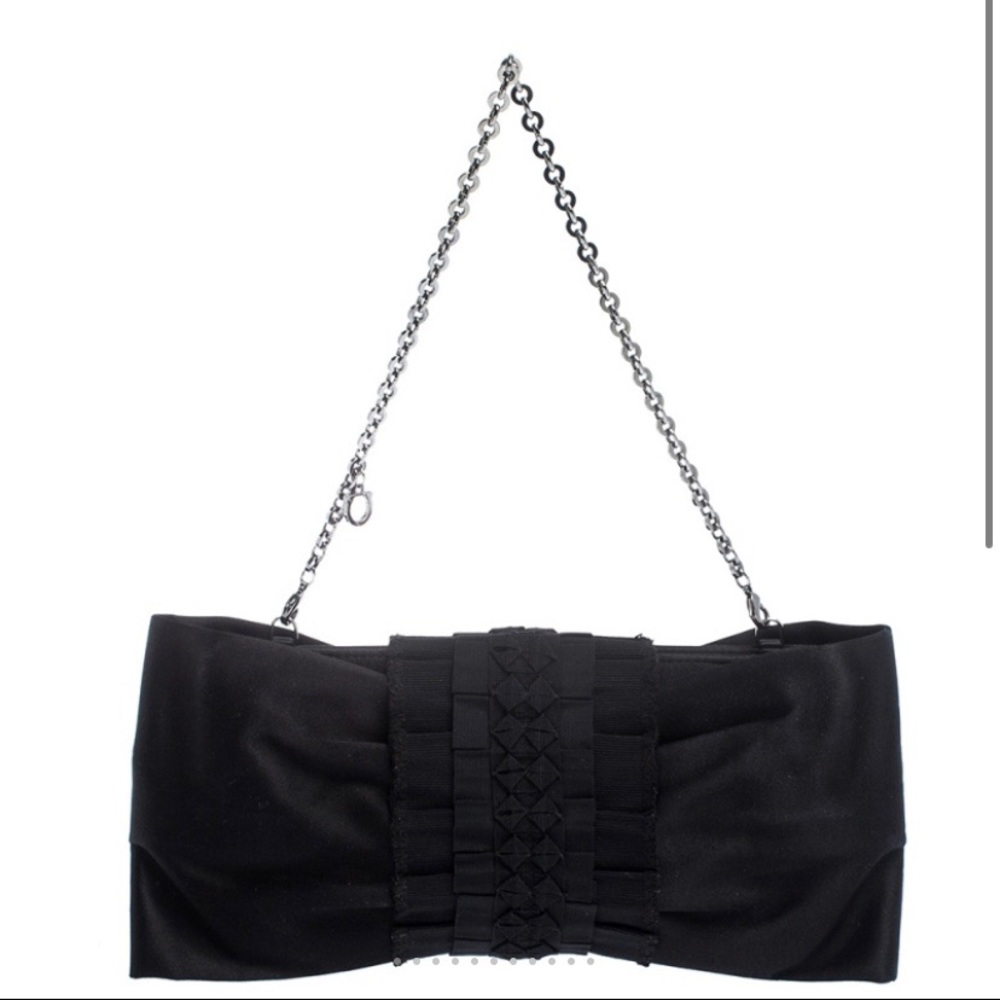 Salvatore Ferragamo Black Satin Bow Chain Clutch